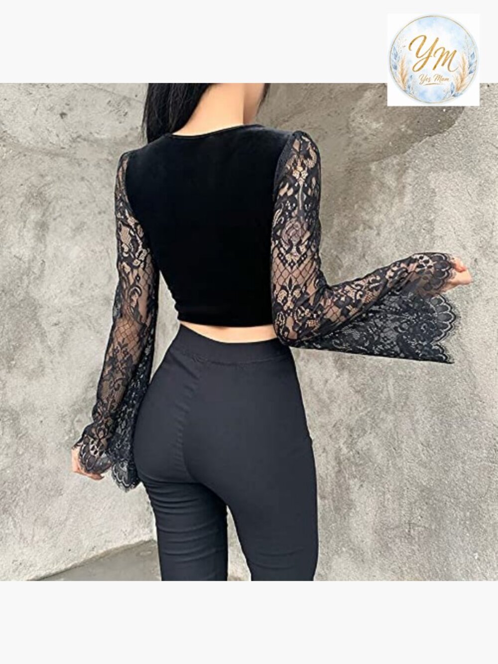 Gothic Crop Top with Velvet and Lace Long Sleeve V-Neck Top - Picture 3 of 7